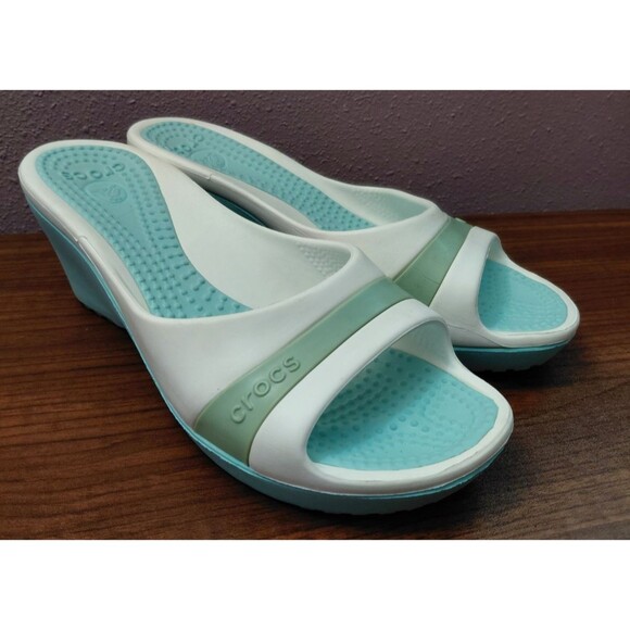 Crocs Sassari Wedge Sandals Slides Aqua/White/Green Women's US Size 9 - Picture 1 of 10